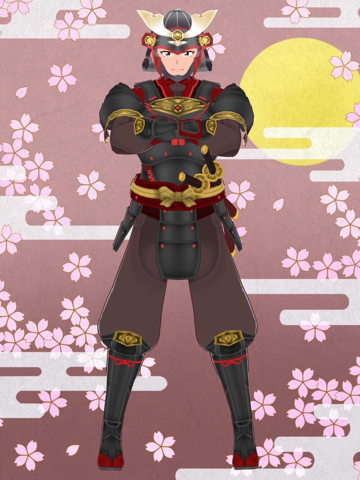 猫武将<(*ΦωΦ*)> 出陣 白猫さん［黒兜、鎧、刀］